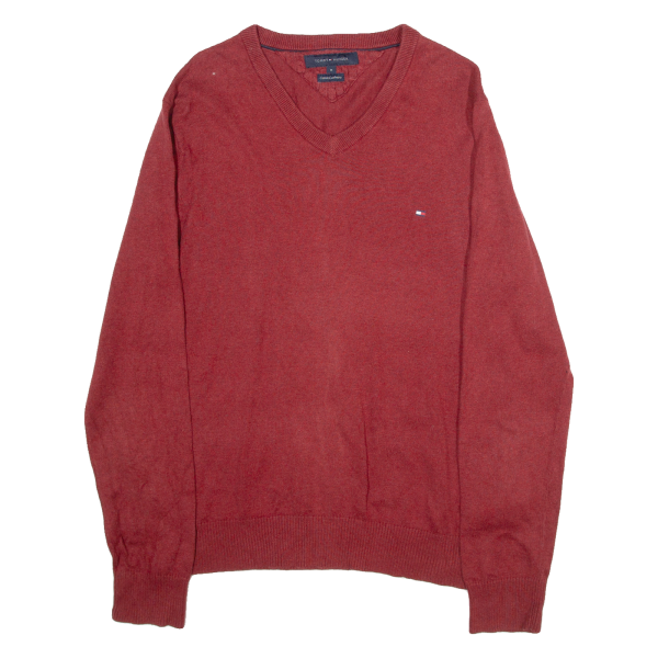 TOMMY HILFIGER Cotton Cashmere Mens Jumper Red V-Neck Tight Knit M Online