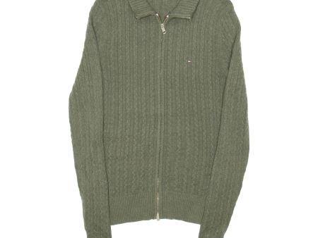 TOMMY HILFIGER Womens Cardigan Green Plaid High Neck Cable Knit Wool L Supply