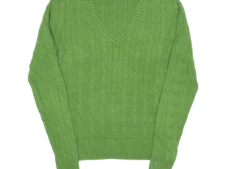 TOMMY HILFIGER Womens Jumper Green V-Neck Cable Knit M Cheap