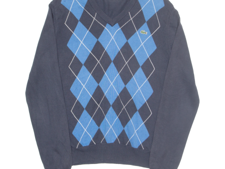 LACOSTE Mens Patterned Jumper Blue Argyle V-Neck Tight Knit S Online Sale