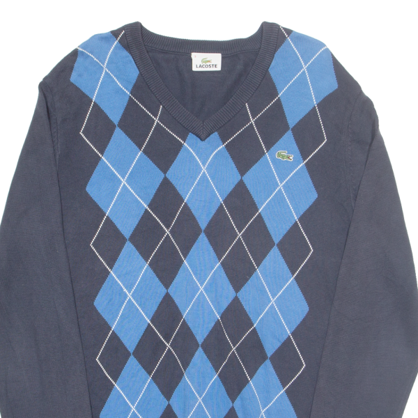 LACOSTE Mens Patterned Jumper Blue Argyle V-Neck Tight Knit S Online Sale