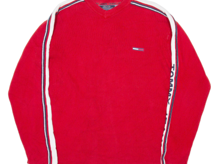 TOMMY HILFIGER Womens Patterned Jumper Red Striped V-Neck Tight Knit S For Sale