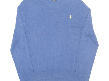 POLO RALPH LAUREN Mens Jumper Blue V-Neck Tight Knit XS Hot on Sale