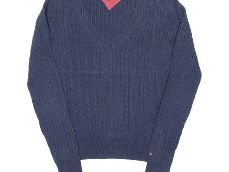 TOMMY HILFIGER Womens Jumper Blue V-Neck Cable Knit M Cheap