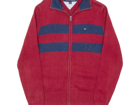 TOMMY HILFIGER Mens Patterned Cardigan Red Striped High Neck Tight Knit XS Online Hot Sale