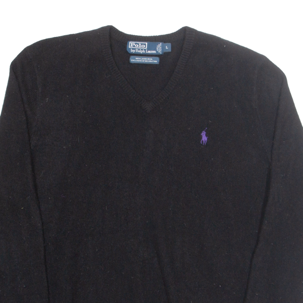 POLO RALPH LAUREN Mens Jumper Black V-Neck Tight Knit Wool L Online Sale