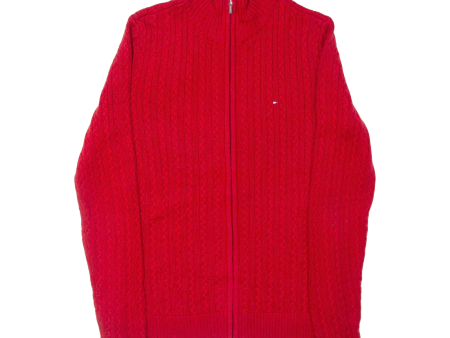 TOMMY HILFIGER Womens Cardigan Red High Neck Cable Knit L Sale