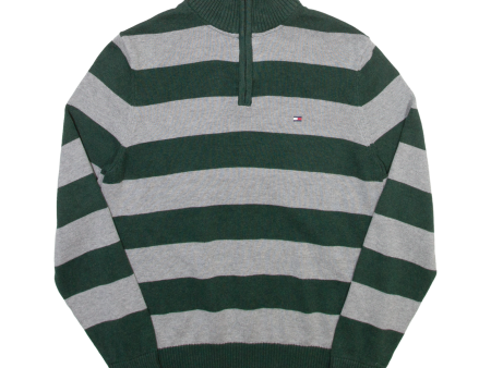 TOMMY HILFIGER Mens Patterned Jumper Green Striped 1 4 Zip Tight Knit XS Online now