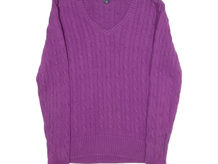 TOMMY HILFIGER Womens Patterned Jumper Purple V-Neck Cable Knit XL Sale