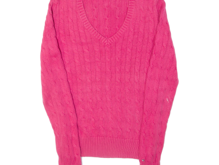 TOMMY HILFIGER Womens Jumper Pink V-Neck Cable Knit M Supply