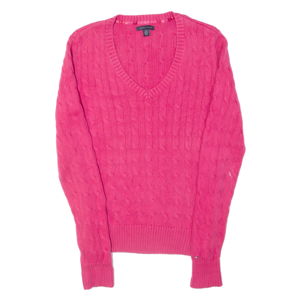 TOMMY HILFIGER Womens Jumper Pink V-Neck Cable Knit M Supply