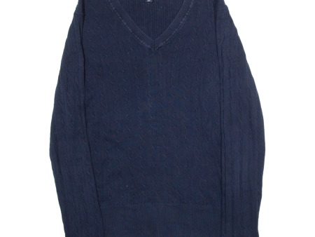 TOMMY HILFIGER Womens Patterned Jumper Blue V-Neck Cable Knit 2XL Online Hot Sale