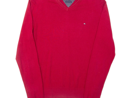 TOMMY HILFIGER Womens Jumper Red V-Neck Tight Knit S For Discount