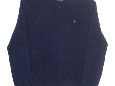 POLO RALPH LAUREN Mens Jumper Blue V-Neck Tight Knit Wool L on Sale