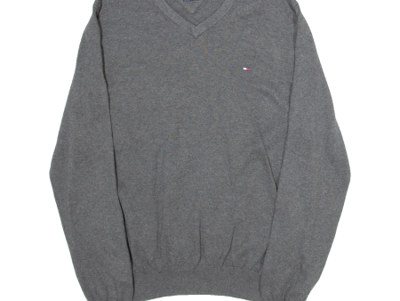 TOMMY HILFIGER Premium Cotton Mens Jumper Grey V-Neck Tight Knit M For Discount