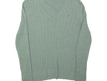 TOMMY HILFIGER Womens Jumper Green V-Neck Cable Knit 2XL Sale