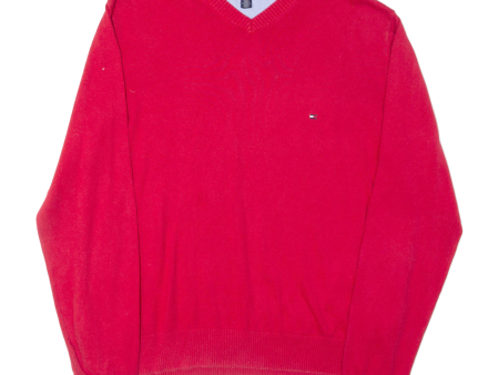 TOMMY HILFIGER Mens Jumper Red V-Neck Tight Knit L Supply