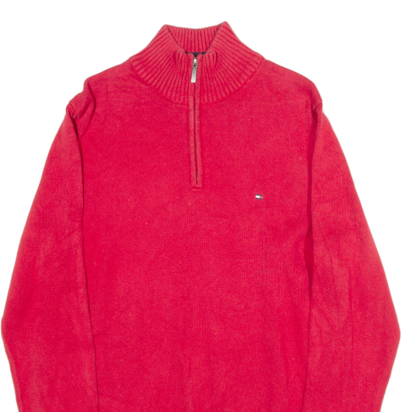 TOMMY HILFIGER Premium Cotton Mens Jumper Red 1 4 Zip Tight Knit M Online Sale