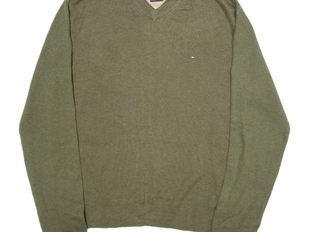 TOMMY HILFIGER Premium Lambswool Mens Jumper Green V-Neck Tight Knit Wool L For Sale