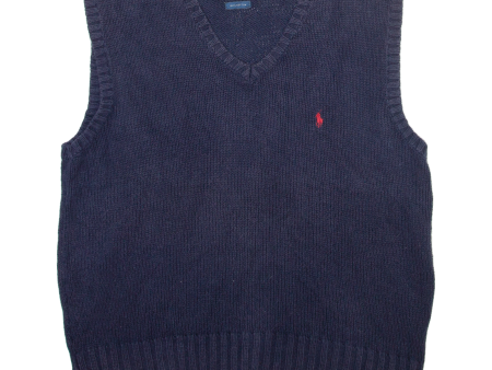 POLO RALPH LAUREN Mens Jumper Blue V-Neck Tight Knit Sleeveless M For Cheap