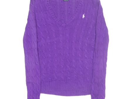 POLO RALPH LAUREN Womens Jumper Purple V-Neck Cable Knit S Sale