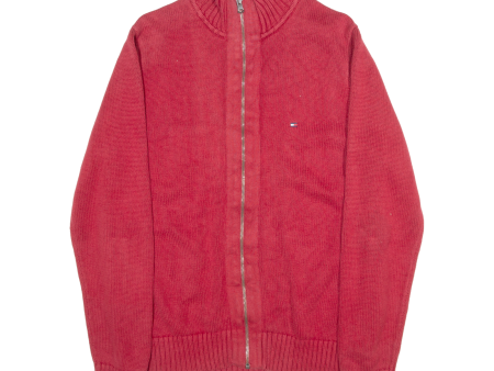 TOMMY HILFIGER Premium Cotton Mens Cardigan Red High Neck Tight Knit M Cheap