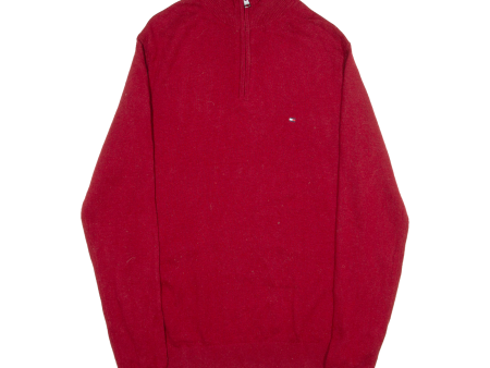 TOMMY HILFIGER Premium Lambswool Mens Jumper Red 1 4 Zip Tight Knit L Supply