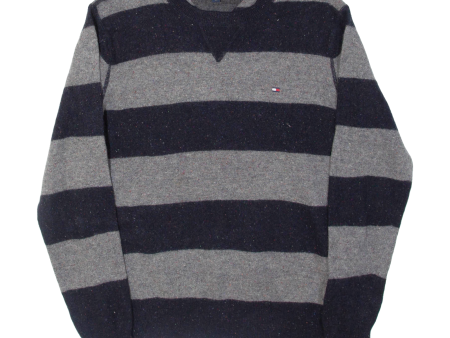 TOMMY HILFIGER Womens Patterned Jumper Grey Striped Tight Knit Wool M Fashion