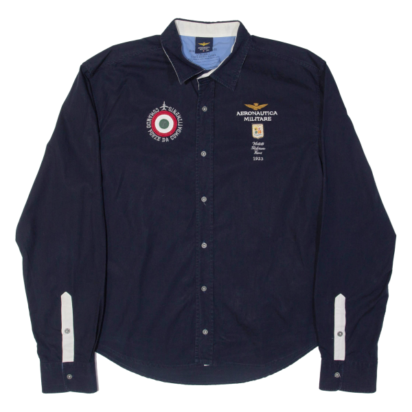 AERONAUTICA MILITARE Italian Air Force Mens Plain Shirt Blue Long Sleeve 2XL Fashion