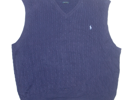 POLO RALPH LAUREN Mens Jumper Blue V-Neck Cable Knit Sleeveless XL For Discount