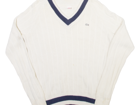 LACOSTE Mens Patterned Jumper Cream Striped V-Neck Tight Knit S Supply